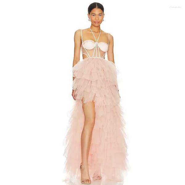 Abiti casual Blush Pink Asimmetrico Split Tulle a strati Donna per festeggiare Abiti da luna di miele sexy senza schienale Abito da sposa da spiaggia GG