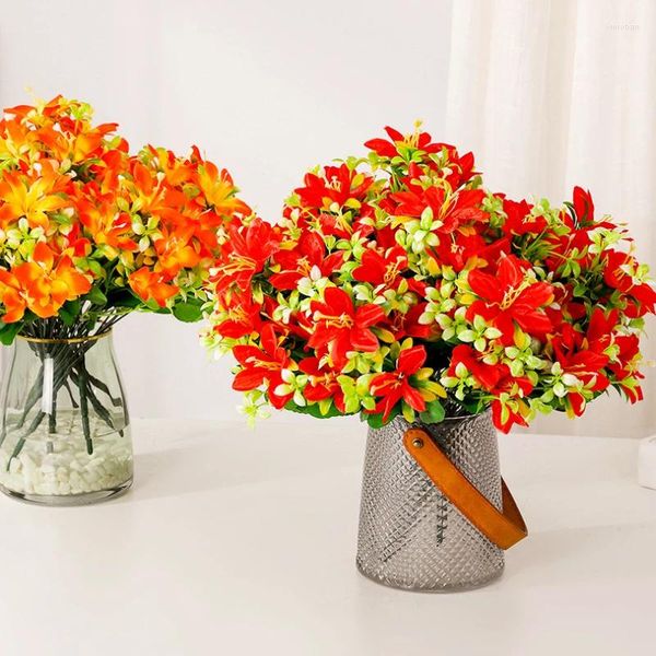 Dekoratif çiçekler yapay çiçek ipek zambak buket sahte yeşil bitki ev oturma odası dekorasyon simülasyon mor turuncu zambaklar çiçek