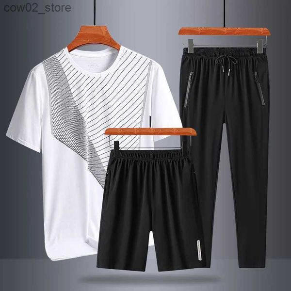 Tute da uomo 2023 Abbigliamento sportivo 3 pezzi Set da uomo Set sportivo da corsa Palestra Nuova estate T-shirt da uomo in cotone di bambù Tuta sportiva Abbigliamento da uomo Q230110