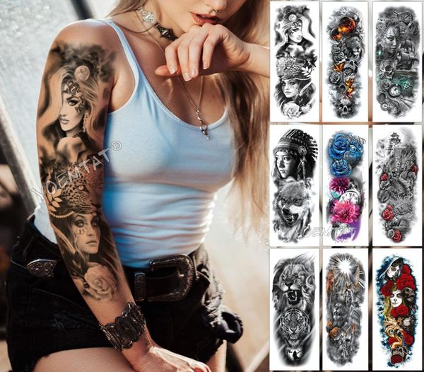 Große Armmanschette Tattoo Mitternachtsleopard Schönheit Mädchen Wasserdicht Temporäre Tätowierung Aufkleber Mondlicht Rose Voller Schädel Tatoo Frauen SH192514369