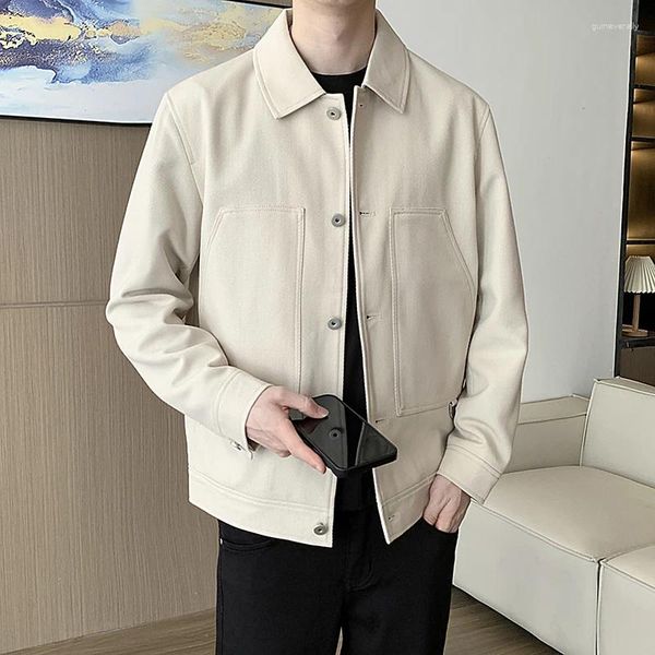 Erkek Ceketler Sonbahar Erkek Yüksek Kaliteli Modaya Düzenli Yama Çanta Tasarım Flip Yaka Ceket/Erkekler Çok yönlü Düz Renk Günlük Tek Göğüslü Ceket