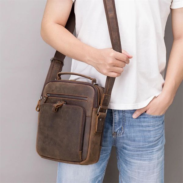 Sbirds bolsa de ombro de couro estilo vintage bolsa crossbody livros bolsa escolar masculina bolsa mensageiro diária pele de cavalo louco 240109