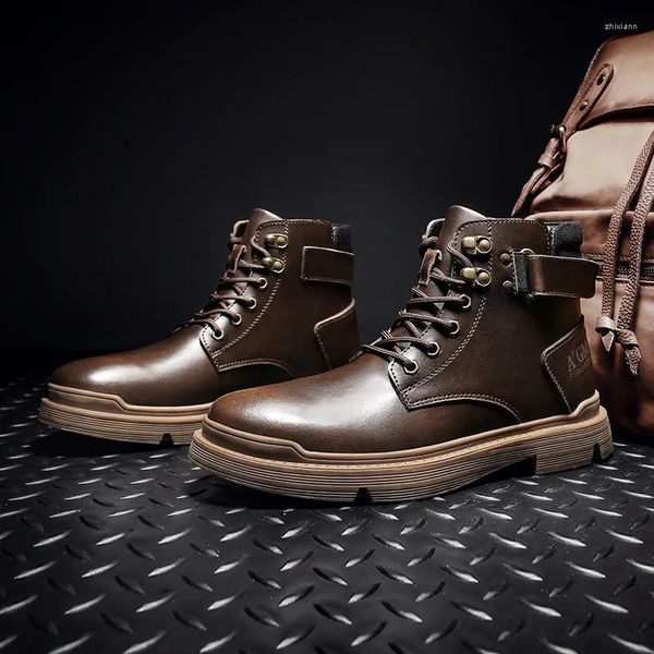 Botas Marrón Retro Hombre Otoño Invierno Alto Top Zapatos de seguridad Hombres para el trabajo Piel al aire libre Tobillo Bota Masculina