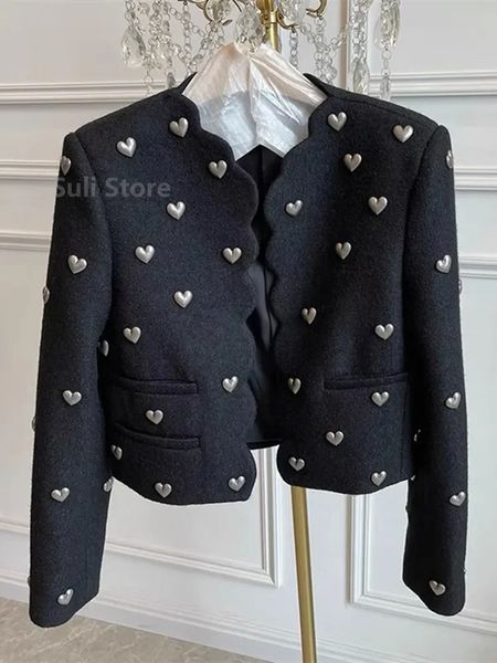 Otoño invierno moda corazón hebilla negro lana tweed chaqueta corta abrigo mujer vintage manga larga cuello en v onda cardigan outwear top 240109