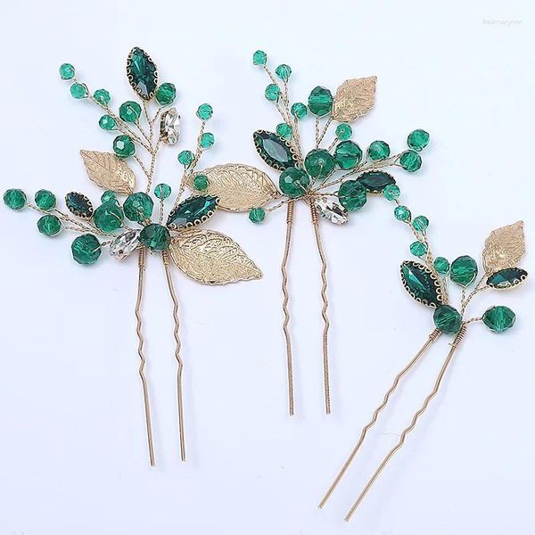 Grampos de cabelo brilhantes cor verde folha de cristal mulheres grampos de cabelo artesanais acessórios de joias de casamento decoração de cabeça de noiva