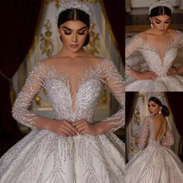 Lange Ärmel, luxuriöse türkische Brautkleider, rückenfrei, atemberaubende Prinzessin-Ballkleid-Hochzeitskleider für Frauen, Pailletten, Vestido De Noiva, Kristalle, arabisches, glänzendes Hochzeitskleid