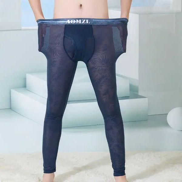 Vedere attraverso indumenti da notte sexy pantaloni del pigiama uomini maglia foglie stampa boxer slip maschili slim fit leggings traspiranti pantaloni da notte 2023 240110