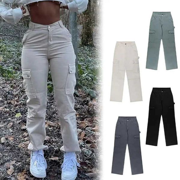 Pantaloni da donna Capris Pantaloni cargo regolabili da donna Taglio dritto Pantaloni larghi a gamba larga Pantaloni cargo a vita alta Tasche Pantaloni militari casual stile streetL240110