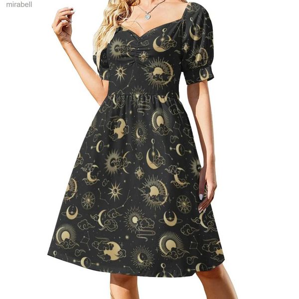 Grundlegende Freizeitkleider Schwarz und Gold Mondkleid Sexy V-Ausschnitt Stern Sonne Astrologie Kunst Elegan weibliche ästhetische Grafik übergroßes Geschenk YQ240110