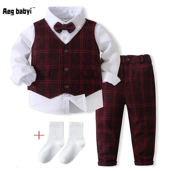 Herbst Baby Jungen formelle Anzüge Kleidung Gentleman Langarm Hemd Krawatte Weste Hose 5-teiliges Set Kinder Geburtstag Hochzeit Party Kleid 240109