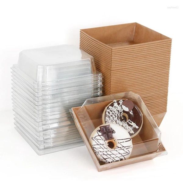 Envoltório de presente 5pcs forma quadrada caixas de papel kraft à prova de gordura com tampa transparente casa casamento bolo de aniversário caixa de sanduíche