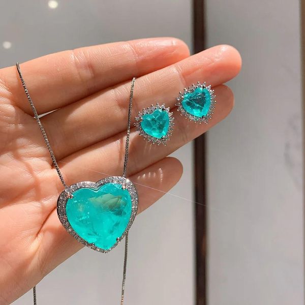 Conjuntos 2021 tendência coração paraiba turmalina aquamarine laboratório diamante pingente colar festa de casamento jóias conjunto declaração aniversário presente