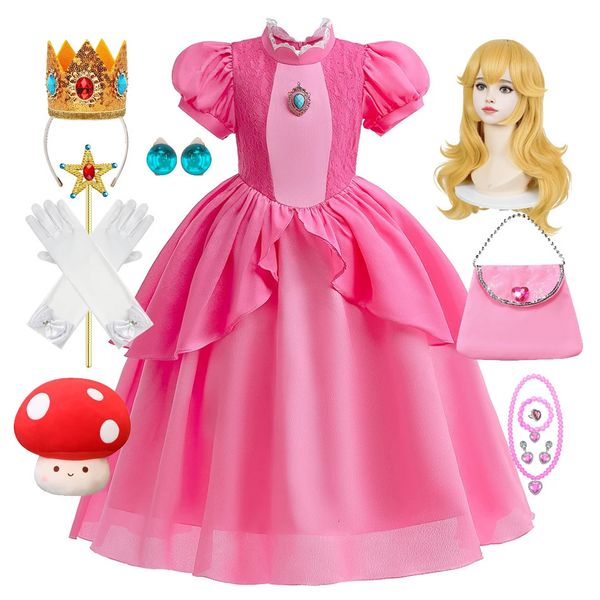 Kız şeftali cosplay elbise film pembe rosaline top gows prium karnaval prenses kostüm karikatür karikatür doğum günü hediyesi 2-10t 240109