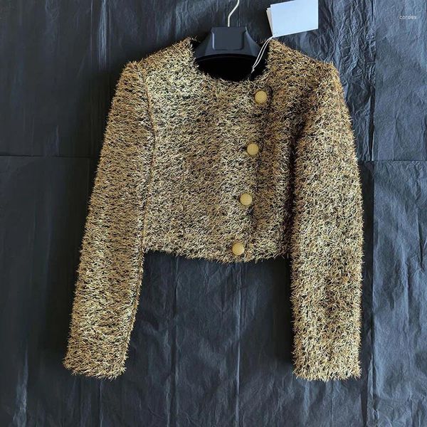 Jaquetas femininas de alta qualidade curto flash casacos pista vintage em torno do pescoço pesado indústria único breasted jaqueta mulheres inverno quente ouro