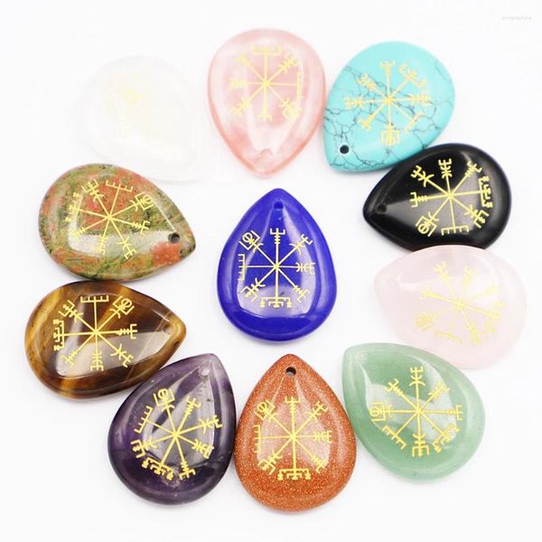 Kolye Kolye 8pcs/Lot Doğal Viking Sembolü Rune Taş Talisman İyileştirici Kristal Gözyaşı Yağlı Gem Kolye DIY Takı Toptan