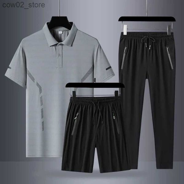 Tute da uomo 2023 Set da corsa da uomo Polo Abbigliamento sportivo Seta di ghiaccio T-shirt elasticizzata di grandi dimensioni Pantaloni casual Completo estivo 3 pezzi Tuta sportiva Pantaloni da jogging Q230110