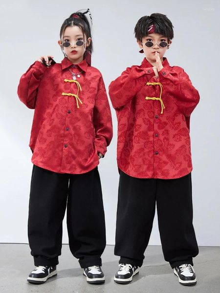 Palco desgaste estilo chinês jazz moderno trajes de dança para crianças jaqueta vermelha hiphop calças terno meninas meninos desempenho dqs15195