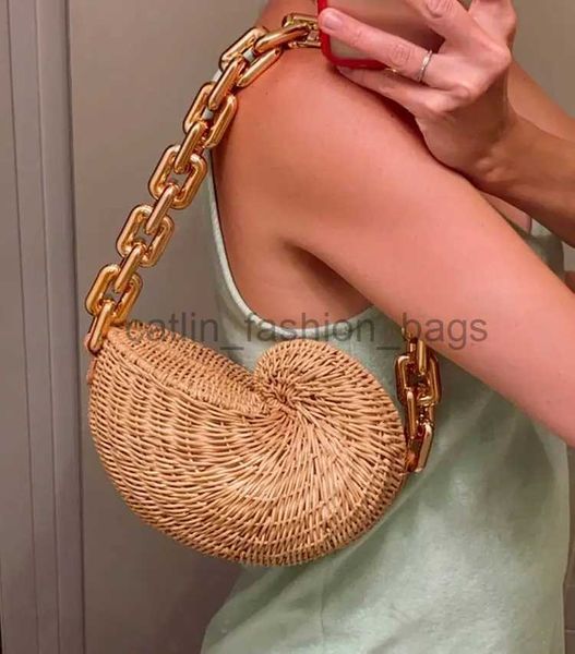Omuz çantaları moda kalın zincirleri rattan kabuklu kadın omuz çantaları tasarım hasır dokuma çanta lüks yaz plajı str çanta bali çanta 2023catlin_fashion_bags