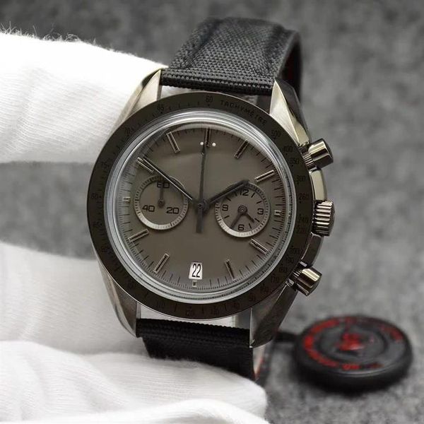 Мужские часы с кварцевым хронографом 44 мм, серый циферблат, Moonwatch, черный кожаный ремешок, темная сторона кольца с маркировкой тахиметра Wri2848