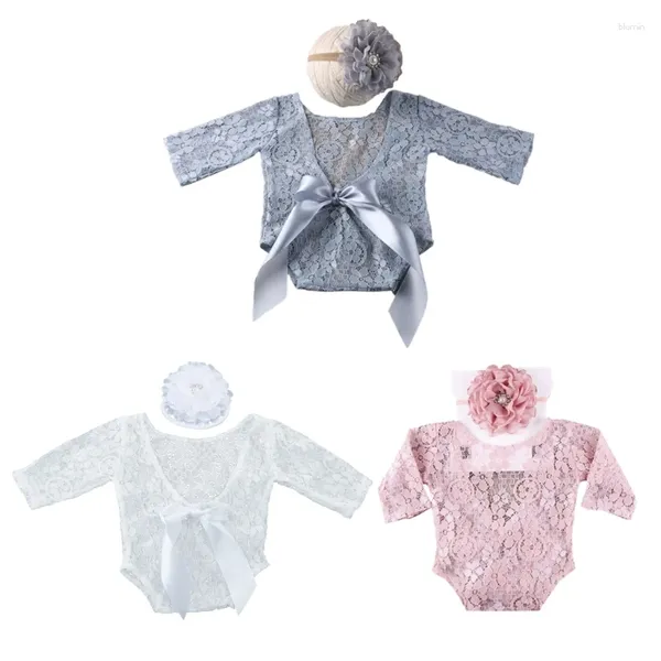 Kleidungssets 2 Stück Baby Jungen Mädchen Spitze Strampler Blumen Stirnband Set Born Pography Requisiten