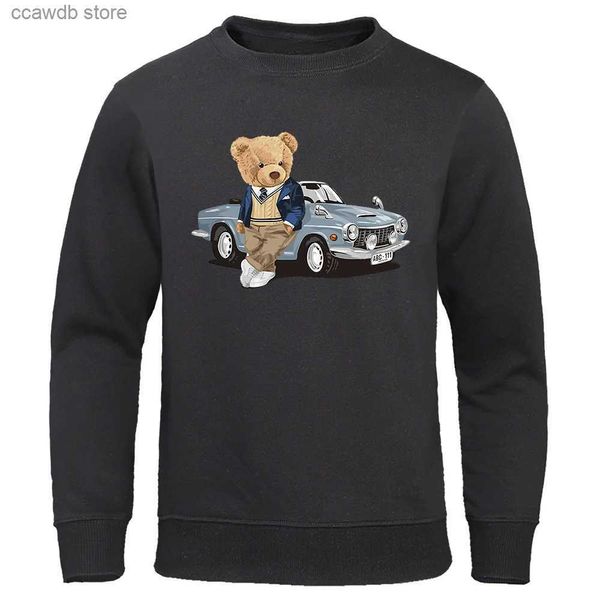 Felpe con cappuccio da uomo Felpe Teddy Bear Beside The Car Street Felpa con cappuccio stampato Hip Hop per uomo Felpa con personalità della moda Casual Abbigliamento sportivo oversize Maschile T240110