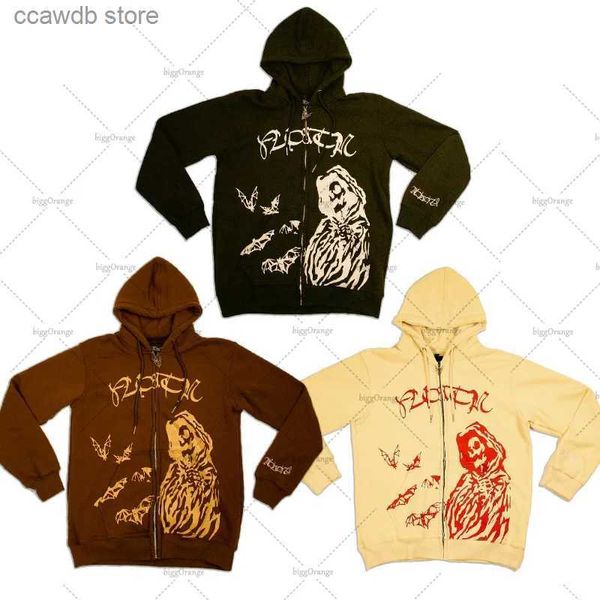 Moletom Com Capuz Masculino Y2K High Street Moda Roupas Crânio Impressão Estilo Americano Solto Zipper Hoodie Homens 2023 Retro Harajuku Moletom Oversized Homens T240110