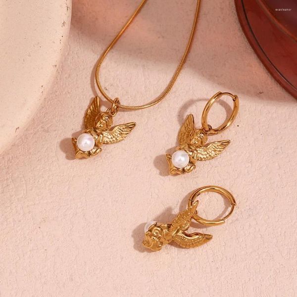 Collana orecchini set impermeabile in acciaio inossidabile dichiarazione vintage perla angelo ciondolo metallo moda gioielli insoliti
