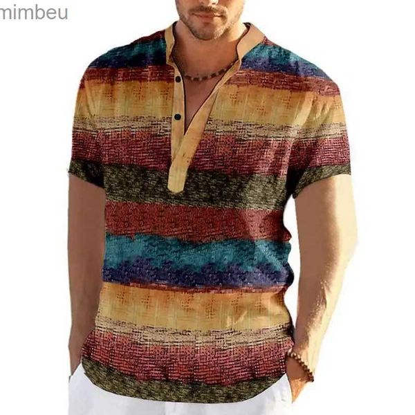 Herren-T-Shirts, Herren-Henley-Hemd, Sommer-Kurzarm-Hemden, Patchwork-Muster-Druck-Hemd, tägliche Freizeit-Strickjacke, Vintage, übergroße Herrenbekleidung, L240110