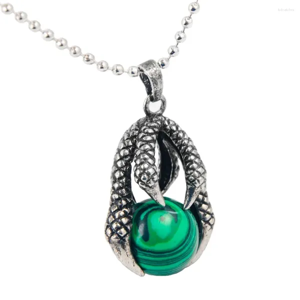 Collane con ciondolo Artiglio del drago in pietra naturale di malachite con perline a sfera con gemma grande da 15 mm Collana in lega da uomo e donna