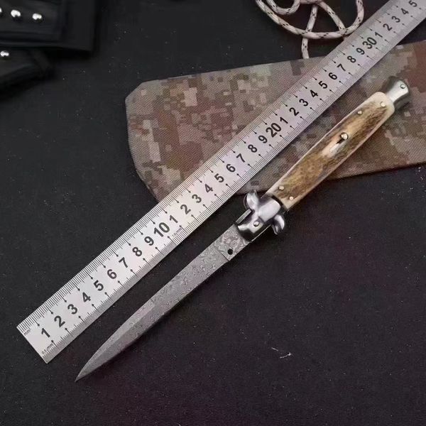 11 inch (28cm) natural antler handle Mafia automatic pop-up Folding knife Damascus steel Blade Camping outdoor EDC knives