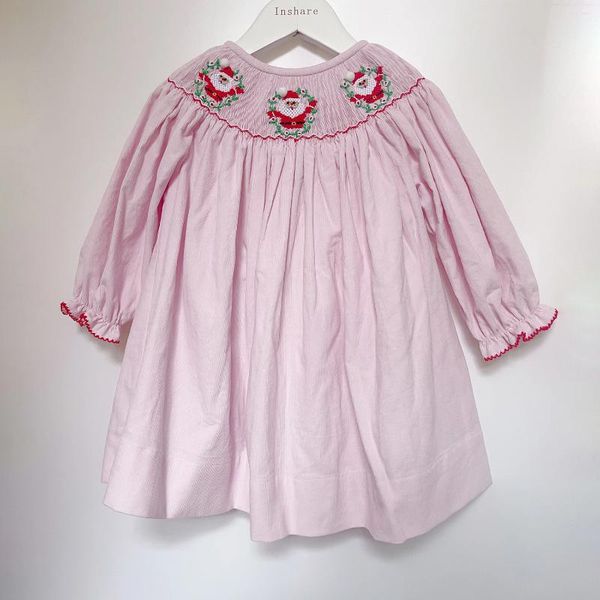 Vestidos da menina meninas santa smocking vestido rosa veludo manga longa saia bordado à mão roupas de natal das crianças boutique roupas