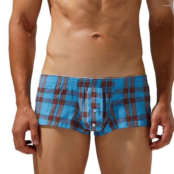 Cuecas masculinas xadrez boxer briefs algodão confortável macio shorts botão bulge bolsa clássica calcinha baixa ascensão bikini roupa interior