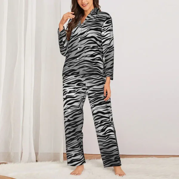 Mulheres sleepwear prata preto tigre pijama conjuntos listrado impressão moda feminina mangas compridas retro casa 2 peças nightwear tamanho grande