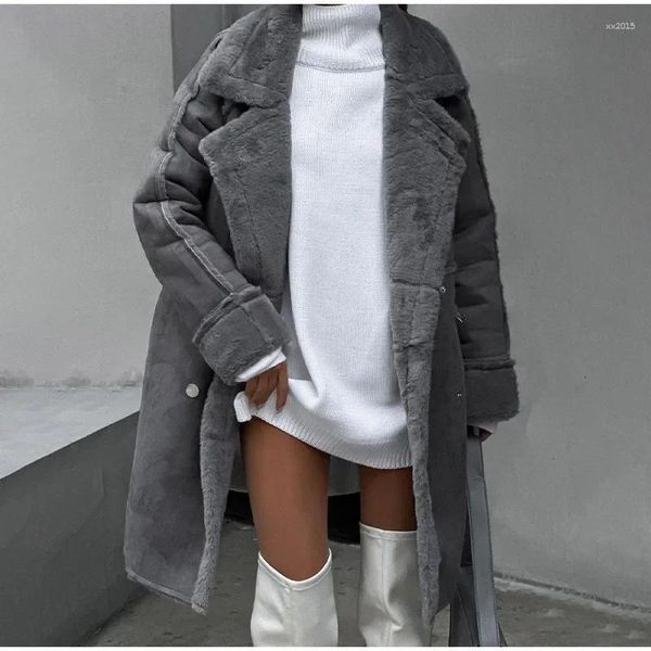 Jaquetas femininas discvry moda lã de cordeiro longo outono inverno manga casual casaco de pelúcia quente à prova de vento botão coberto lapela outwear