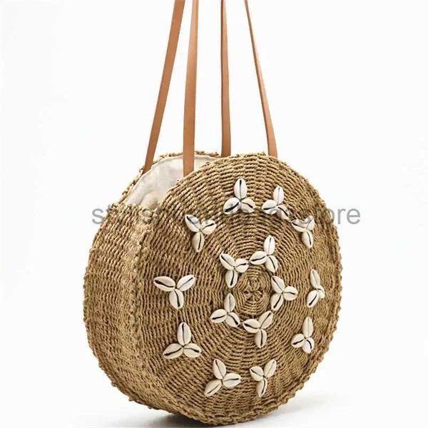 Sacos de ombro redondo str praia saco verão tecido concha artesanal bolsa de ombro meninas círculo rattan trançado detalhe sacola com zíper elegantebolsasloja