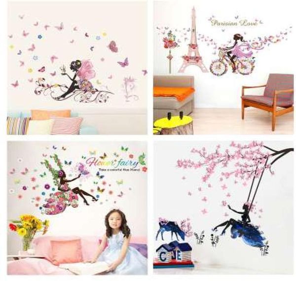 Farfalla Fata Fiore Adesivi murali per Camere dei bambini Arredamento camera da letto Fai da te Cartoon Decalcomanie da muro Arte murale Poster in PVC Bambini039s Gi1939899