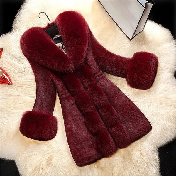 Kış büyük boy 5xl kış sahte tilki kürk mantar kadınlar peluş peluş sıcak lüks palto kalın orta uzunlukta dış giyim kar ceketi tüylü parkas 240109