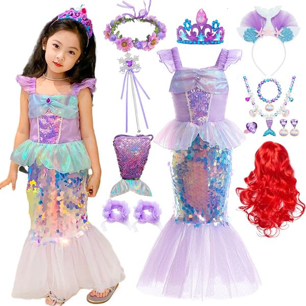 Pequena sereia vestido charme princesa cosplay lantejoulas bling traje para crianças menina peixe beleza festa de aniversário roupas de halloween 240109