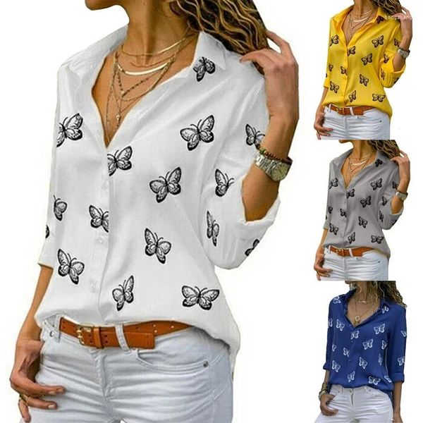 Женские блузки, модная рубашка с принтом бабочки, весна-лето, повседневные свободные топы с длинным рукавом и v-образным вырезом, женские пуговицы