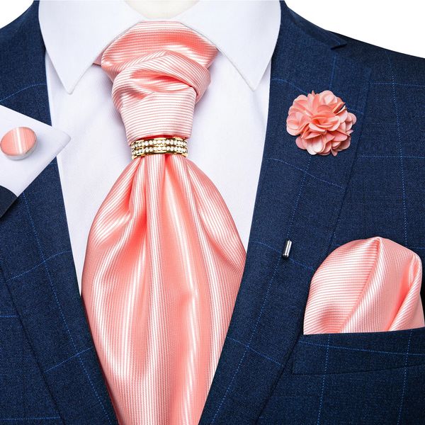 Moda ascot gravata para homens seda sólida rosa cravat gravata anel broche conjunto para festa de casamento homem terno acessórios masculino cachecol presente 240109