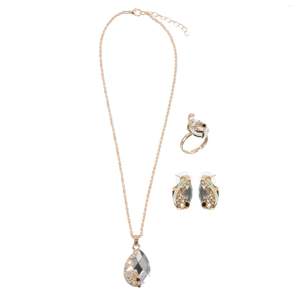 Collana Orecchini Set Moda Nobile Cristallo Gocce d'acqua Orecchino Anello Gioielli Ala decorata