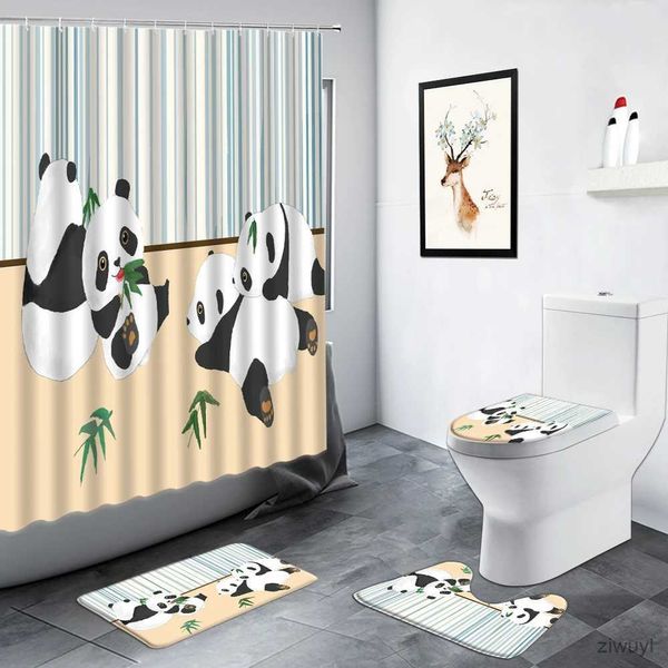 Cortinas de chuveiro bonito panda cortinas de chuveiro conjunto engraçado preto branco animal verde bambu estilo chinês tapete de banheiro antiderrapante tapete de banho