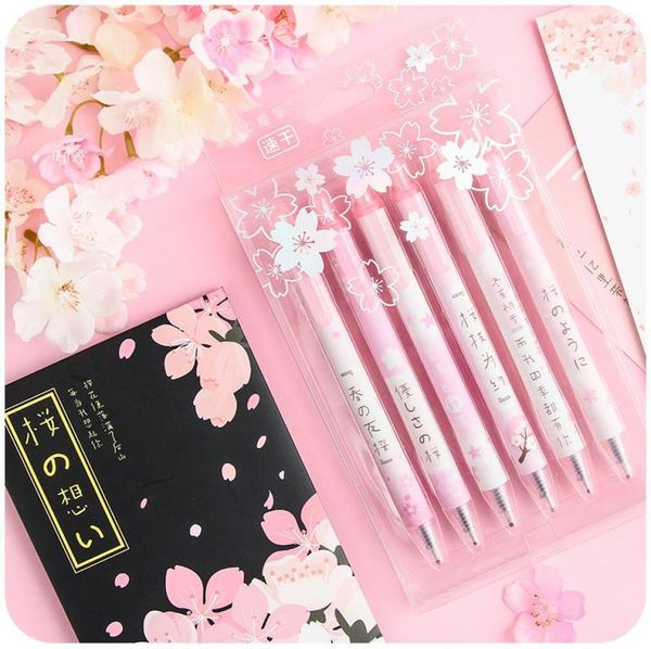 Penne gel 6 pezzi confezione 05mm Kawaii Cherry Blossoms Star Penna a inchiostro nero Penna a sfera Ragazze Regalo per bambini Cancelleria per ufficio scolastico2597630