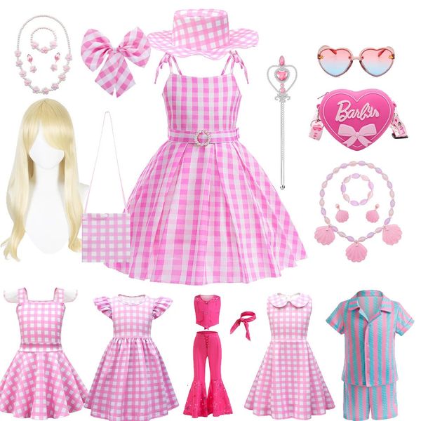 Filme barbi tema cosplay traje para meninas festa de aniversário vestido rosa bonito bebê menino elegante xadrez princesa roupas 210t 240109