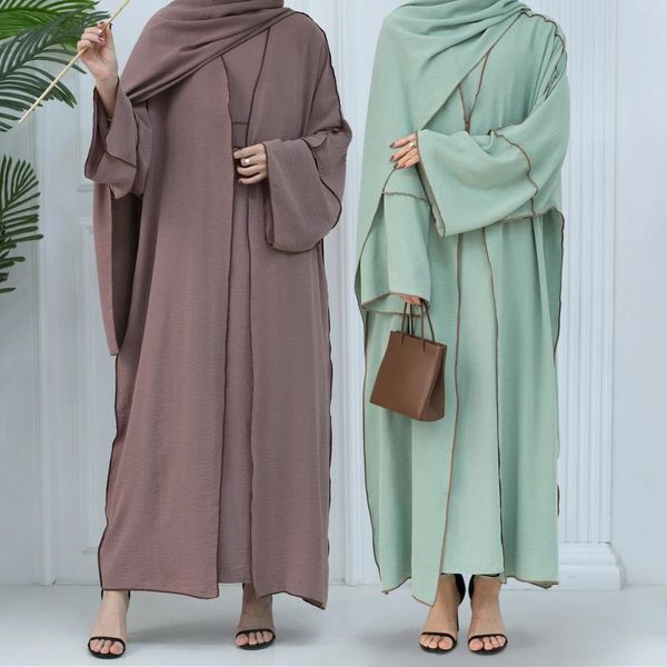 Abbigliamento etnico Set da donna musulmana in due pezzi Kimono Abaya con abito interno senza maniche Bordo in crepe con gancio Abiti coordinati Dubai Turchia islamica