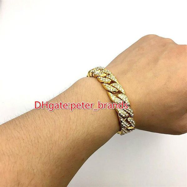 Novo sólido banhado a ouro cubano link pulseira de diamante brilhante hip hop bling jóias hipster masculino pulseira bangle259c