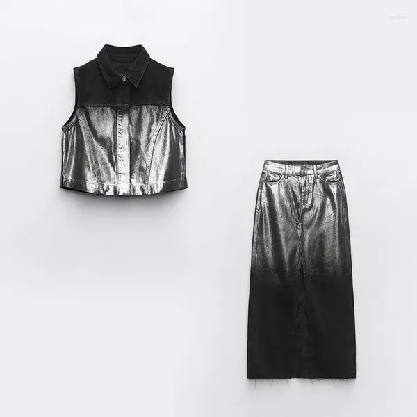 Vestidos de trabalho feminino conjunto de saia de folha de metal sem mangas colete com zíper metade vintage y2k 2 peças