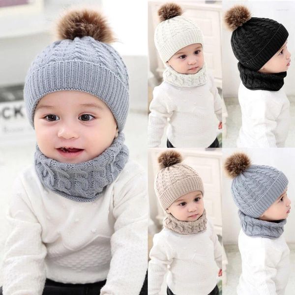 Cappelli Cappello da bambino Neonate Ragazzi Inverno Caldo lavorato a maglia di lana Berretto con orlo Sciarpa Set da 2 pezzi Mantieni i set per bambini da 0 a 2 anni