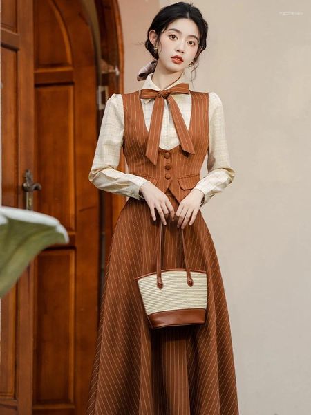Arbeitskleider Vintage Gestreiftes dreiteiliges Rockset Damen Frühling Herbst Langarm Schleife Shirt Weste und Röcke Outfits