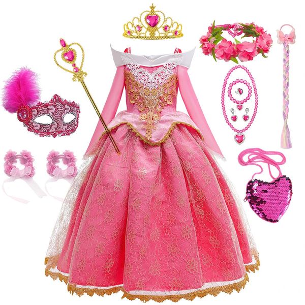 Aurora Cosplay Kostüm Dornröschen Mädchen Prinzessin Kleid Kind Geburtstag Thema Party Langarm Schulterfrei Elegantes Ballkleid 240109